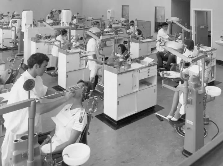 large group of dentists working on patients